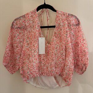 Lulus LUSH Flirty Florals Pink Floral Print Crinkle Surplice Crop Top - Large